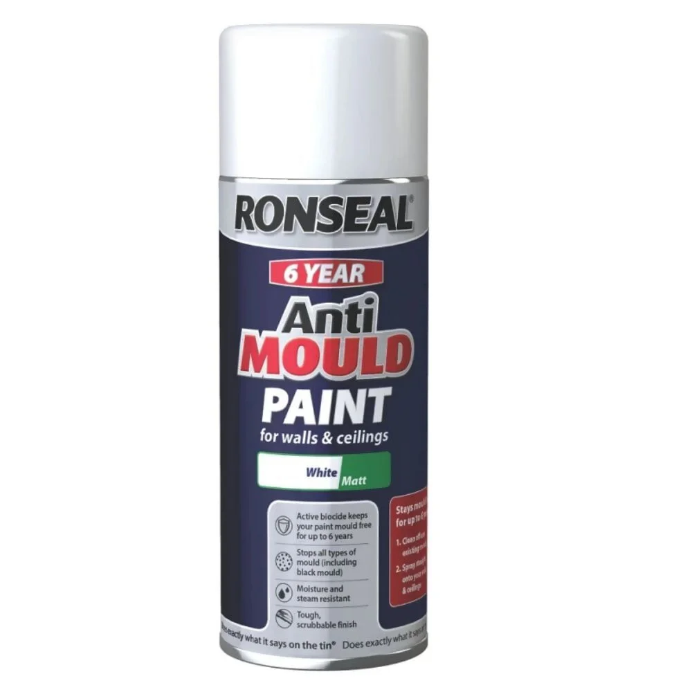 Ronseal 6 Year Anti Mould Paint White Matt 400ml Aerosol Spray Ref 37481