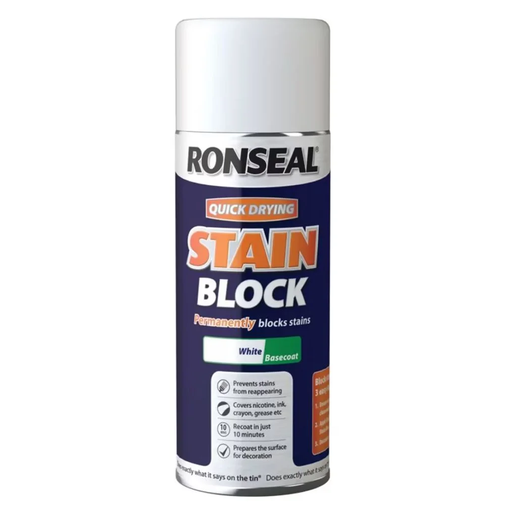 Ronseal One Coat Stain Block White Paint Matt 400ml Aerosol Spray Ref 35103