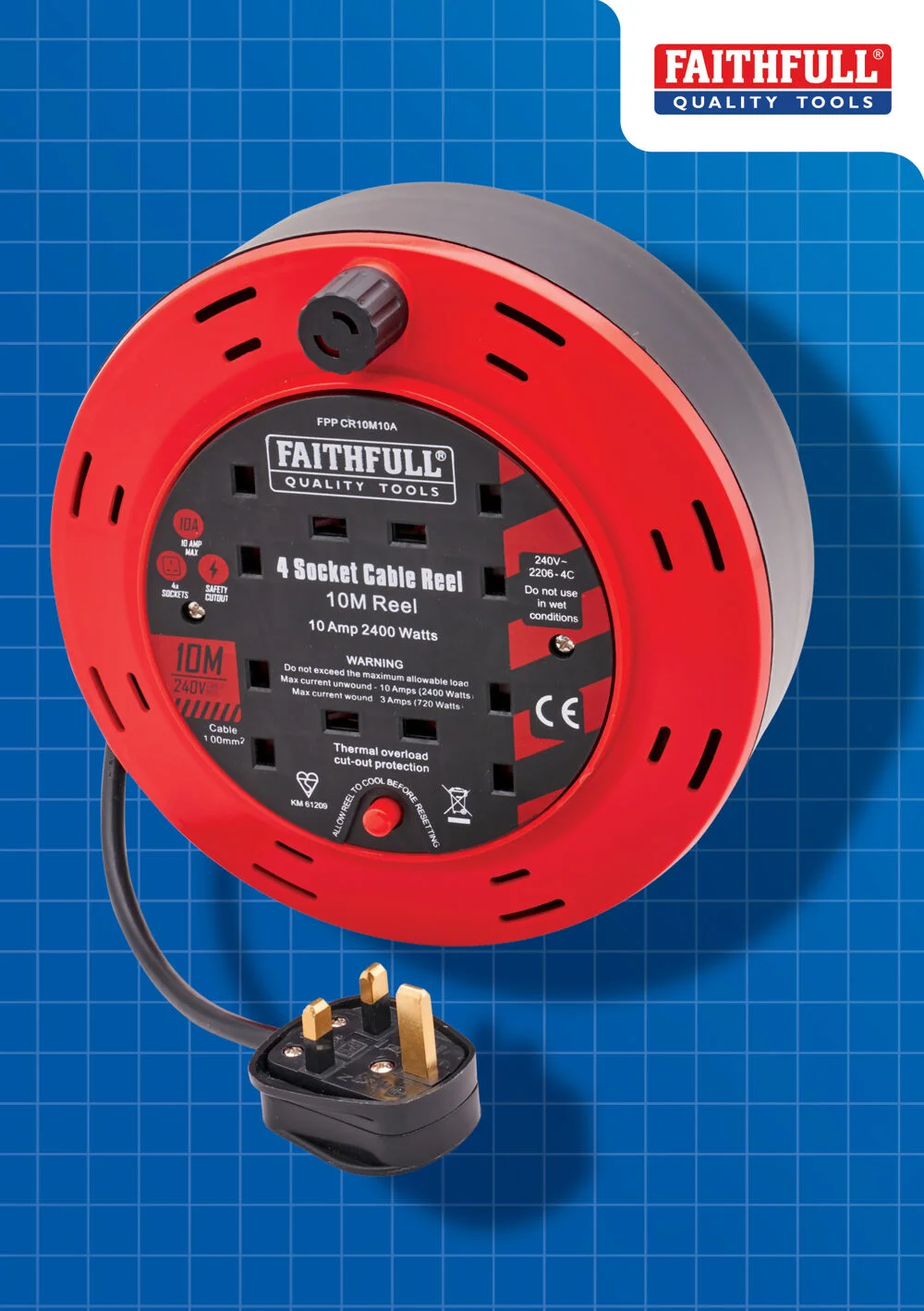 Faithfull 10m 10A Cable Reel (4 Sockets) Ref XMS25CR10M