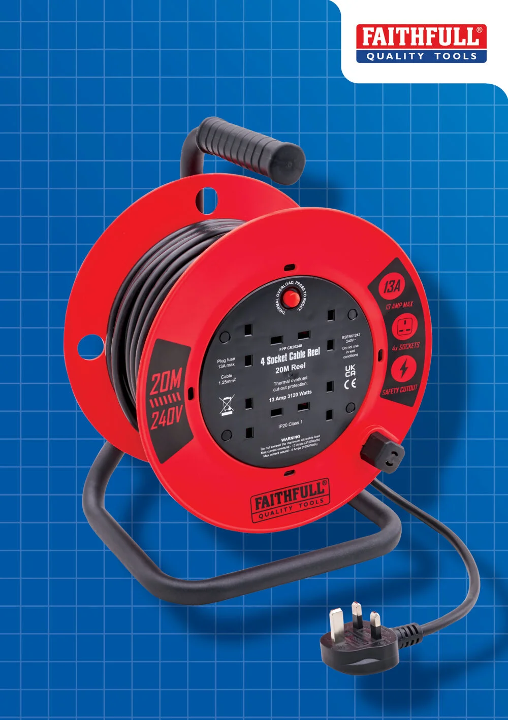 Faithfull 20m 13A Cable Reel Ref XMS25CR20M