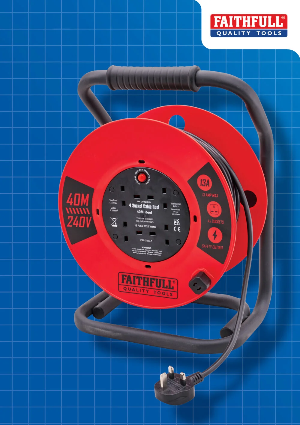 Faithfull 40m 13A Heavy Duty Cable Reel Ref XMS25CR40M