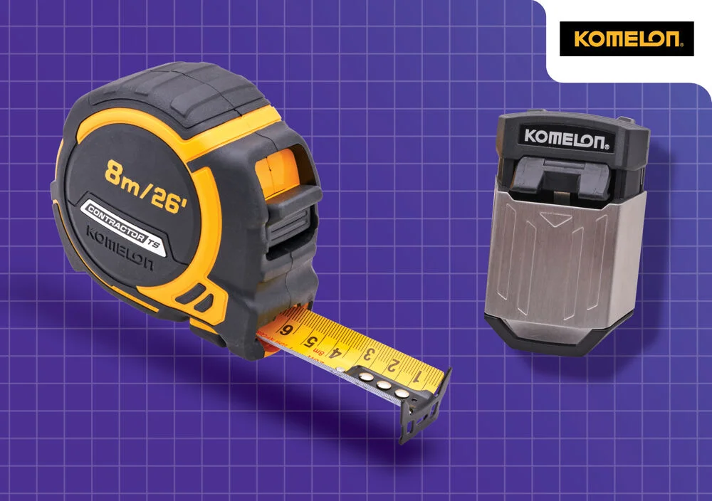 Komelon 8m (26ft) Contractors Tape with FREE Belt Clip Ref XMS25PROTAPE