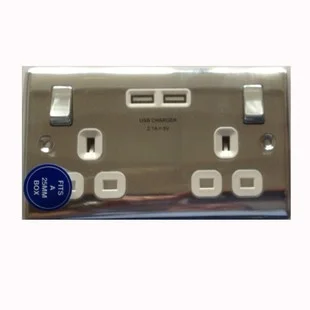 Polished Chrome White Insert Double Switched Socket With USB Charger 2.1A USB Output (Fits 25mm Box)