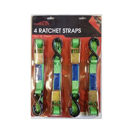 Warrior Ratchet Strap 25mm x 5mtr x 750kg RAS Blister Pack Of 4no Ref BDV1714BP