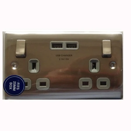 Brushed Steel Grey Insert Double Switched Socket With USB Charger 2.1A USB Output (Fits 25mm Box)