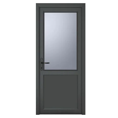 uPVC Grey 7016 external White Internal Obscure Single Door Half Glass Half panel Right hand Open In 920mm x 2090mm