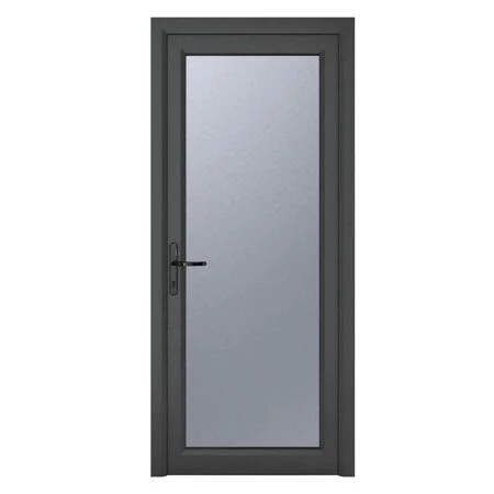 uPVC Grey 7016 external White Internal Obscure Single Door Full Glass Right hand Open In 840mm x 2090mm